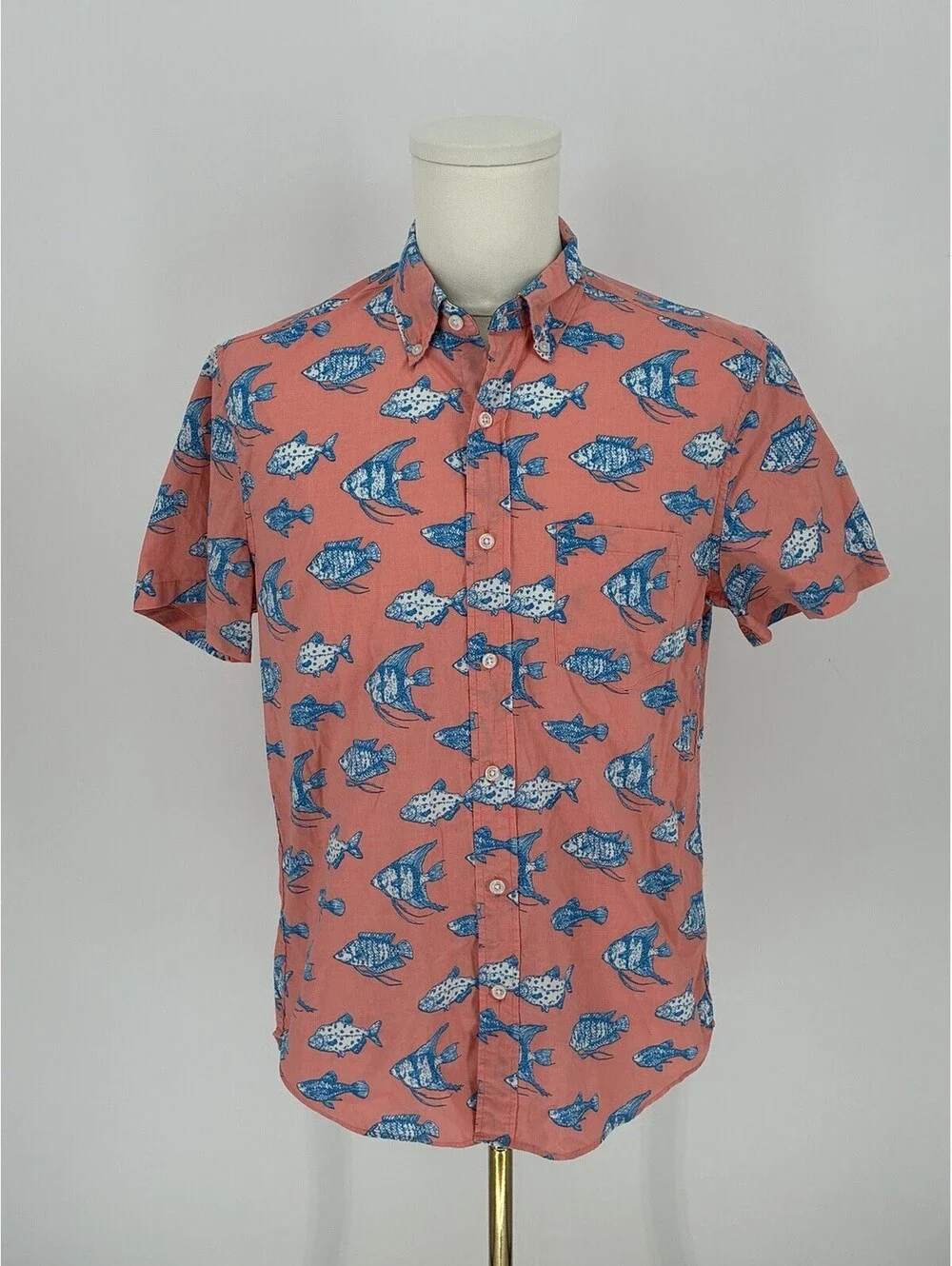 J.Crew Men M Medium Button Up Shirt Fish Pocket Hawaiian Summer Salmon Red Blue